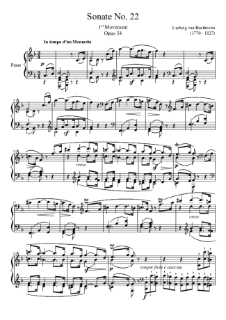 Beethoven Sonata No 22 1st Movement score for Piano