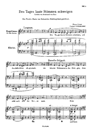 Franz Liszt Des Tages Laute Stimmen Schweigen S.337 score for Piano