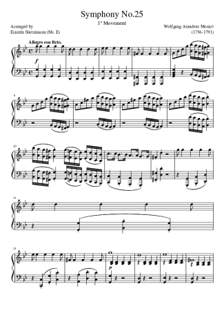 Mozart Symphony No.25 score for Piano