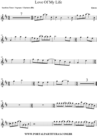Queen Love Of My Life score for Tenor Saxophone Soprano (Bb)