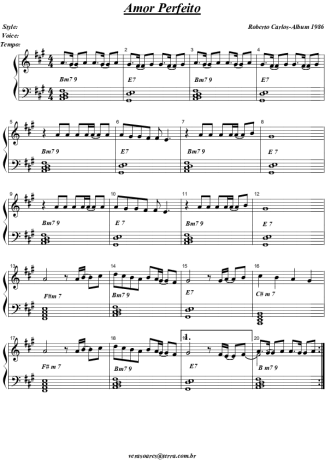 Roberto Carlos Amor Perfeito score for Piano