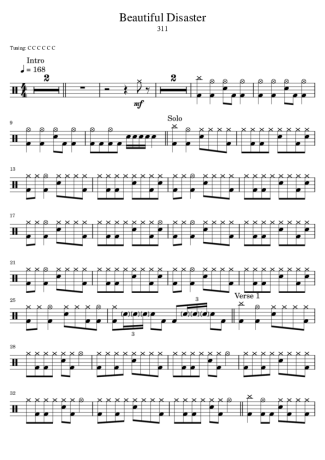 311 Beautiful Disaster score for Drums