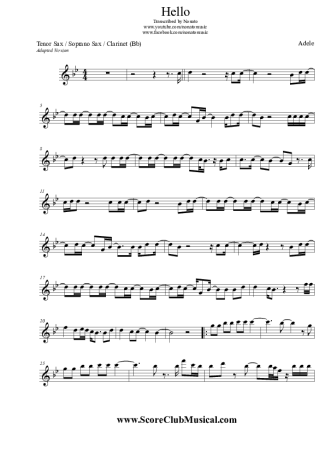Adele Hello score for Saxofone Tenor Soprano (Bb)