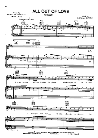 Air Supply All Out Of Love score for Piano