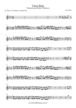 Ana Vilela Trem Bala score for Tenor Saxophone Soprano (Bb)