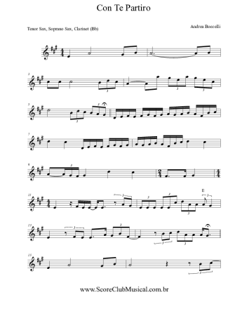 Andrea Bocelli Con Te Partirò score for Tenor Saxophone Soprano (Bb)
