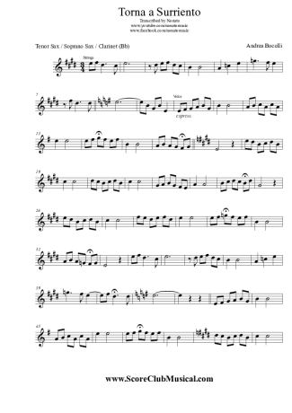 Andrea Bocelli Torna a Surriento score for Tenor Saxophone Soprano (Bb)