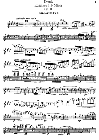 Antonín Dvořák Romance Op 11 score for Violin