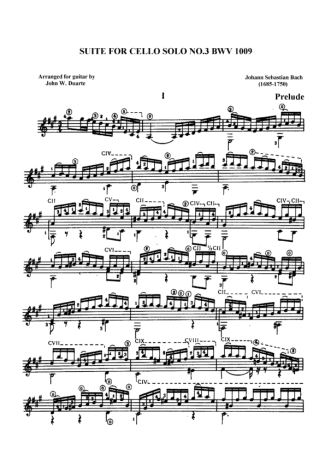 Bach Cello Suíte No 3 BWV 1009 score for Acoustic Guitar