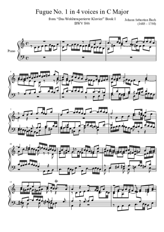 Bach Fugue No. 1 BWV 846 In C Major score for Piano