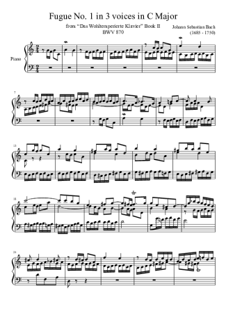 Bach Fugue No. 1 BWV 870 In C Major score for Piano