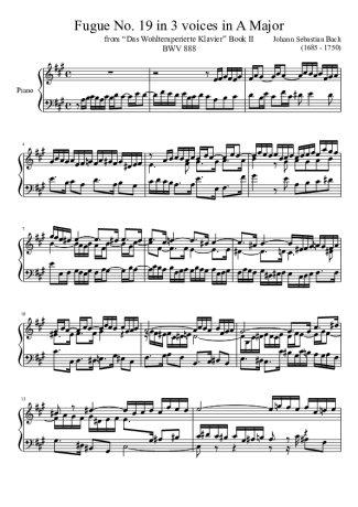 Bach Fugue No. 19 BWV 888 In A Major score for Piano
