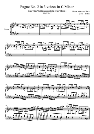 Bach Fugue No. 2 BWV 847 In C Minor score for Piano