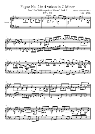 Bach Fugue No. 2 BWV 871 In C Minor score for Piano