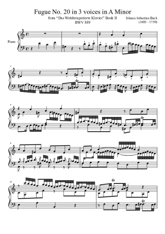 Bach Fugue No. 20 BWV 889 In A Minor score for Piano