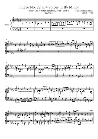 Bach Fugue No. 22 BWV 891 In B Minor score for Piano