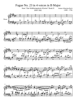 Bach Fugue No. 23 BWV 892 In B Major score for Piano