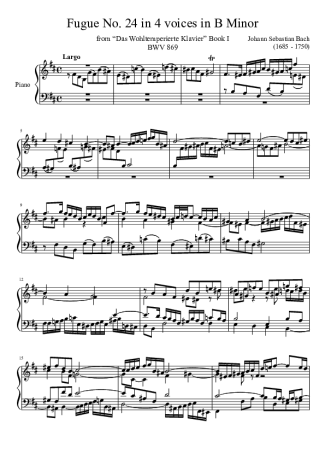 Bach Fugue No. 24 BWV 869 In B Minor score for Piano