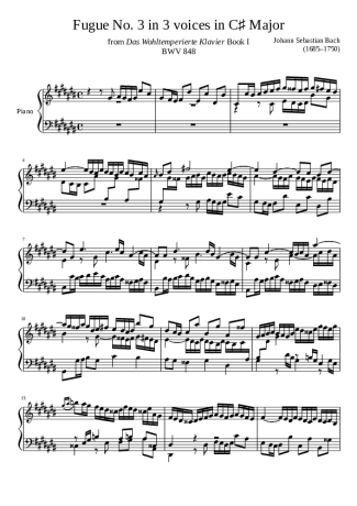 Bach Fugue No. 3 BWV 848 In C Major score for Piano