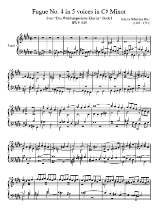 Bach Fugue No. 4 BWV 849 In C Minor score for Piano
