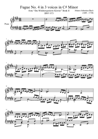Bach Fugue No. 4 BWV 873 In C Minor score for Piano
