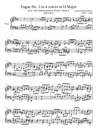 Bach Fugue No. 5 BWV 874 In D Major score for Piano
