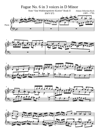 Bach Fugue No. 6 BWV 875 In D Minor score for Piano