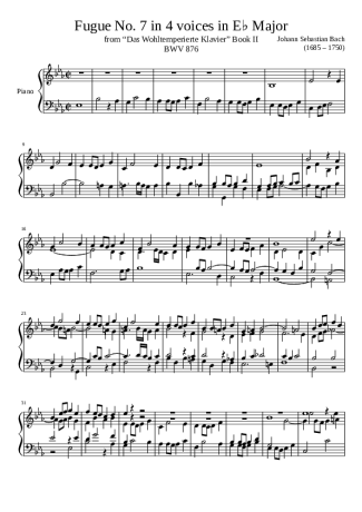 Bach Fugue No. 7 BWV 876 In E Major score for Piano