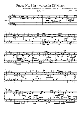 Bach Fugue No. 8 BWV 877 In D Minor score for Piano