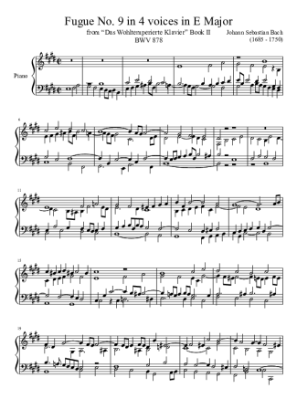 Bach Fugue No. 9 BWV 878 In E Major score for Piano