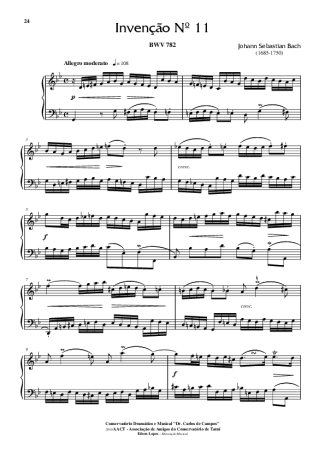 Bach Invenção Nr 11 score for Piano