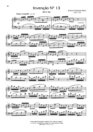 Bach Invenção Nr 13 score for Piano