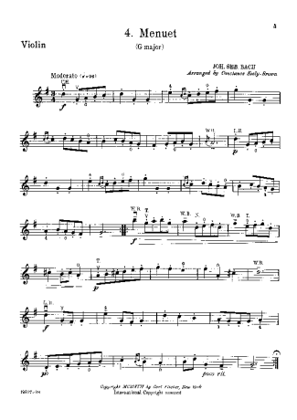 Bach Menuet in G major score for Violin