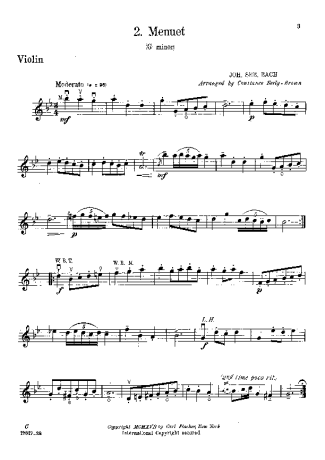 Bach Menuet in G minor score for Violin