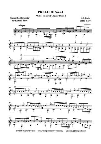 Bach Prelud No 24 score for Acoustic Guitar