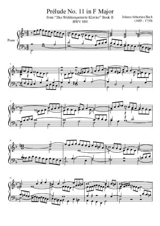 Bach Prelude No. 11 BWV 880 In F Major score for Piano