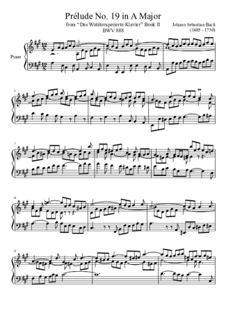 Bach Prelude No. 19 BWV 888 In A Major score for Piano