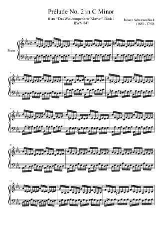 Bach Prelude No. 2 BWV 847 In C Minor score for Piano