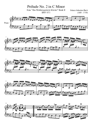 Bach Prelude No. 2 BWV 871 In C Minor score for Piano