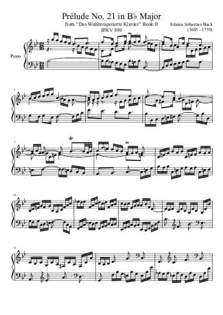 Bach Prelude No. 21 BWV 890 In B Major score for Piano