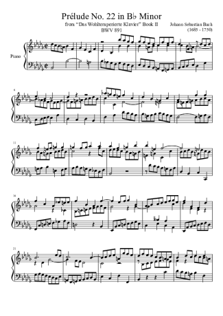 Bach Prelude No. 22 BWV 891 In B Minor score for Piano
