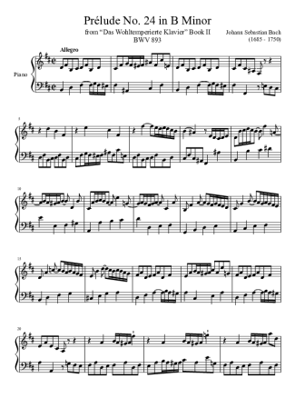 Bach Prelude No. 24 BWV 893 In B Minor score for Piano