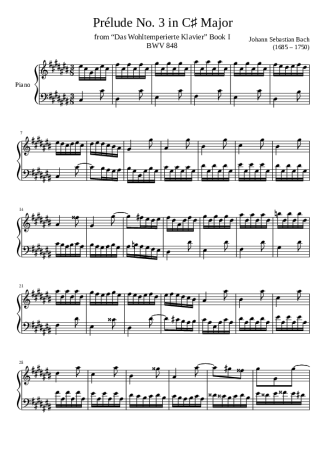 Bach Prelude No. 3 BWV 848 In C Major score for Piano