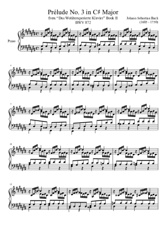 Bach Prelude No. 3 BWV 872 In C Major score for Piano