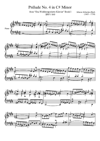 Bach Prelude No. 4 BWV 849 In C Minor score for Piano