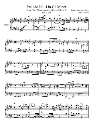 Bach Prelude No. 4 BWV 873 In C Minor score for Piano
