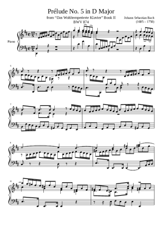 Bach Prelude No. 5 BWV 874 In D Major score for Piano