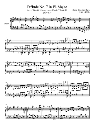 Bach Prelude No. 7 BWV 876 In E Major score for Piano