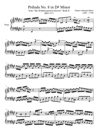 Bach Prelude No. 8 BWV 877 In D Minor score for Piano