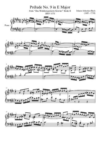 Bach Prelude No. 9 BWV 878 In E Major score for Piano